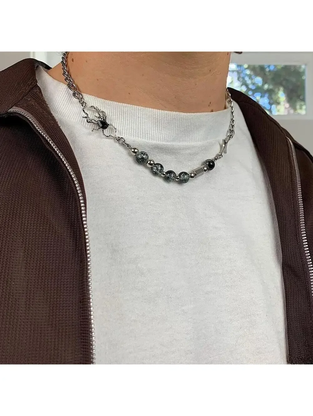 Cyber Y2k 2000s Silver Opium Spider ️ Pendant beaded necklace Cuban link